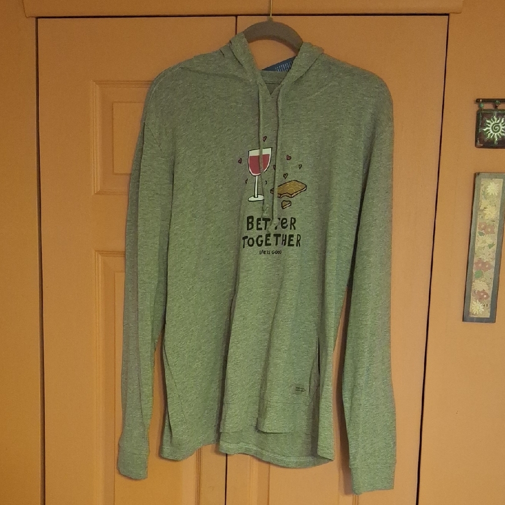 Life Is Good Gray Hoodie with Wine and Pizza Graphic